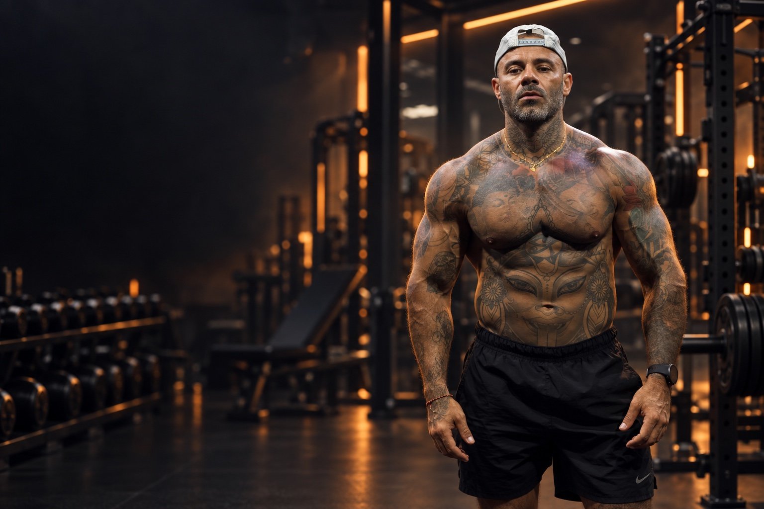 AI-styled editorial portrait of the KEEP THE MUSCLE author in an orange-lit gym